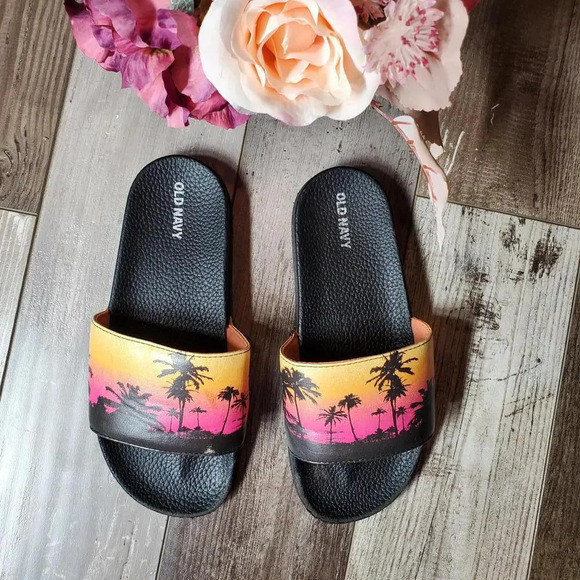 Old Navy Sunset Orange Pink Yellow Slides Size 3-4 Youth Kids - Picture 1 of 9